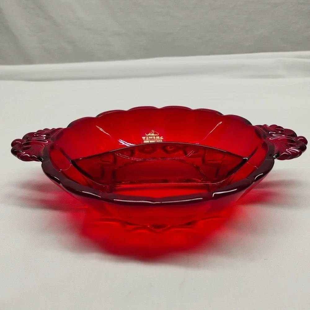 Viking Glass Red Ruby Sectioned Candy‎ Trinket Dish Bowl Original Sticker